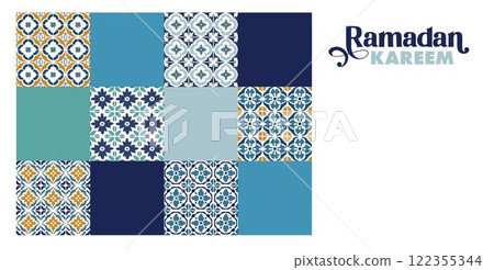 Ramadan Kareem greeting card, invitation. Festive web banner. Modern geometric flat design. Traditional arabic ornaments, patterns. Azulejo tiles. Colorful squares. Vector illustration background. Ramadan Kareem greeting card, invitation. Festive web banner. Modern geometric flat design. Traditional arabic ornaments, patterns. Azulejo tiles. Colorful squares. Vector illustration background. 122355344