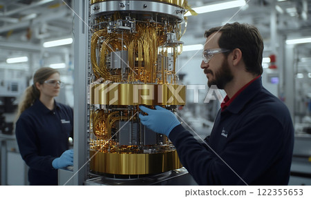 Scientists Collaborating on Quantum Computing Setup Scientists Collaborating on Quantum Computing Setup 122355653