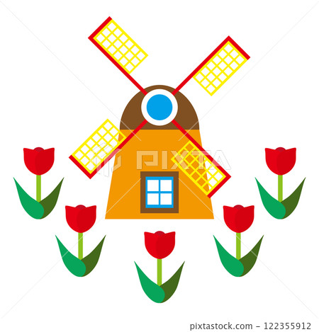 風車和紅色鬱金香的簡單插圖，讓人想起春天的形象，白色背景 122355912