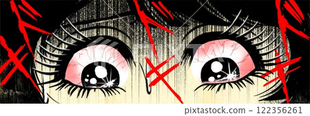 昭和恐怖漫畫風格的標題插圖，描繪了一個心煩意亂和害怕的女孩 122356261