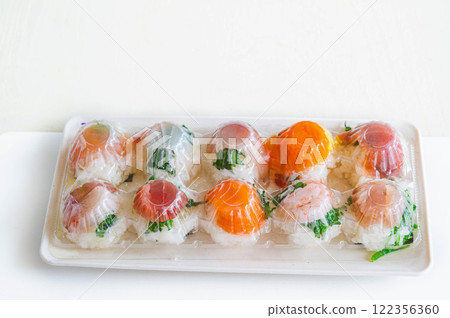 Temari sushi made from egg cartons Temari sushi made from egg cartons 122356360