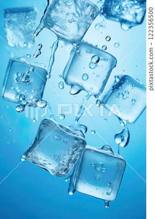 Ice cubes falling over light blue background. Generative Ai Ice cubes falling over light blue background. Generative Ai 122356500