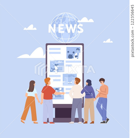 People crowd reading worldwide news on billboard. Information for citizens, public media. Women and men stand near info point, vector scene People crowd reading worldwide news on billboard. Information for citizens, public media. Women and men stand near info point, vector scene 122356645