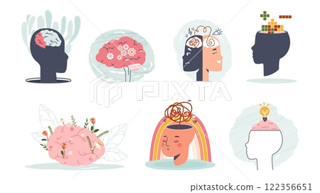 Mental problems and psychology diseases. Different ways of thinking, positive and negative, confronting yourself. Brain development, soft hard skills vector concepts 122356651