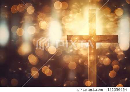 Cross in a church shined by sun rays. Bokeh effect in background. Generative Ai 122356664