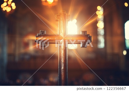 Cross in a church shined by sun rays. Bokeh effect in background. Generative Ai 122356667