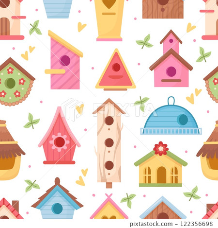 Birdhouse seamless pattern. Decorative cartoon bird house feeders for wild animals. Spring autumn winter garden elements. Print design, neoteric vector background 122356698