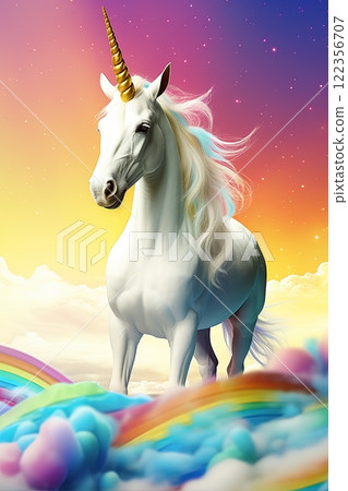 White unicorn in Rainbow flag colors. Symbol of lgbt gay community and homosexuality. Generative Ai 122356707