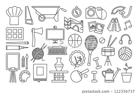 Hobby doodle symbols. Leisure and free time equipment. Sport knitting drawing gardening programming clay molding embroidery, neoteric vector set 122356737