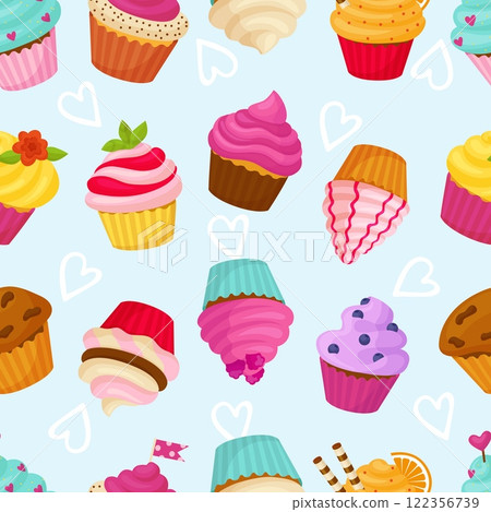 Cupcake seamless pattern. Cartoon cupcakes with creamy chocolate vanilla berries hats. Bakery cafe sweet dessert print design for textile, neoteric vector background Cupcake seamless pattern. Cartoon cupcakes with creamy chocolate vanilla berries hats. Bakery cafe sweet dessert print design for textile, neoteric vector background 122356739