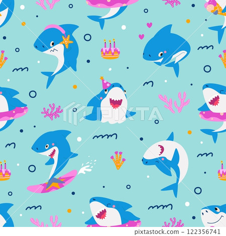 Funny shark seamless pattern. Cartoon positive emotional sharks activities. Cute underwater ocean animals print for fabric, nowaday vector background 122356741