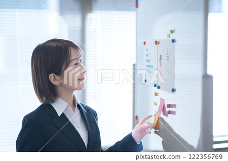 Young businesswoman writing on a whiteboard Young businesswoman writing on a whiteboard 122356769