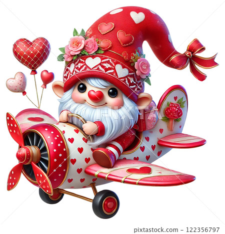A cheerful gnome pilot flying a heart-themed airplane. Valentine clipart cartoon. 122356797