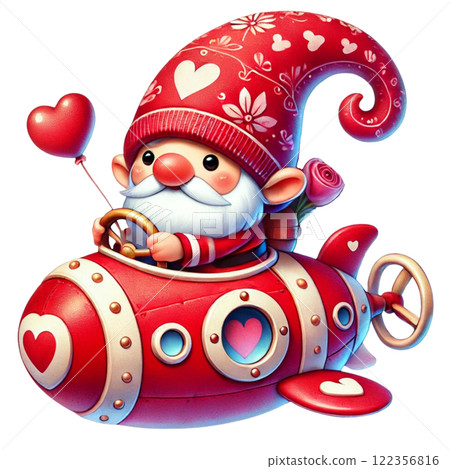 A whimsical gnome joyfully riding a love-themed submarine. Valentine clipart cartoon. 122356816