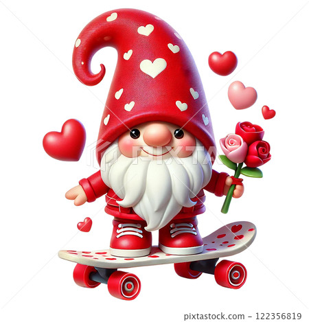 A whimsical gnome skateboarding with love-themed accessories. Valentine clipart cartoon. 122356819