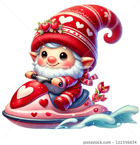 Cute gnome in a pink jet ski, celebrating love and leisure. Valentine clipart cartoon. 122356834
