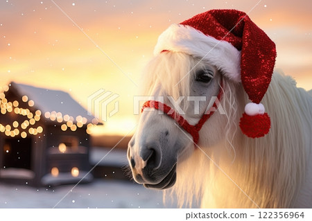 Portrait of a white horse wearing Santa Claus hat in the Christmas night. Generative Ai 122356964