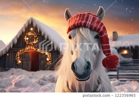 Portrait of a white horse wearing Santa Claus hat in the Christmas night. Generative Ai 122356965