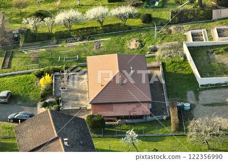 Aerial view of residential houses in green suburban rural area Aerial view of residential houses in green suburban rural area 122356990