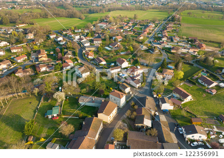 Aerial view of residential houses in green suburban rural area Aerial view of residential houses in green suburban rural area 122356991