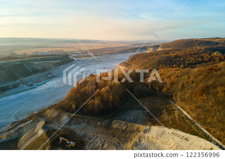 Aerial view of open pit mining site of limestone materials for construction industry with excavators and dump trucks 122356996