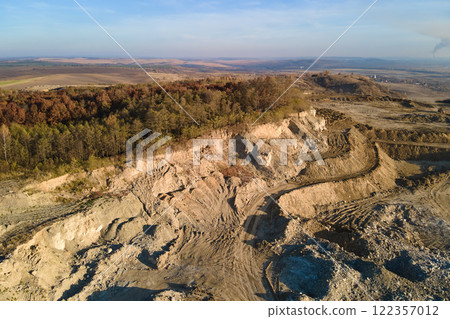 Aerial view of open pit mine of sandstone materials for construction industry with excavators and dump trucks. Heavy equipment in mining and production of useful minerals concept Aerial view of open pit mine of sandstone materials for construction industry with excavators and dump trucks. Heavy equipment in mining and production of useful minerals concept 122357012