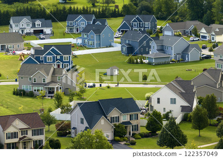 Aerial view of large private homes in Rochester, NY residential area. New family houses as example of real estate development in american suburbs 122357049