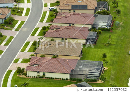 Aerial view of expensive modern houses with outside swimming pools covered with mosquito mesh on metal frame for insect protection in Florida closed living club Aerial view of expensive modern houses with outside swimming pools covered with mosquito mesh on metal frame for insect protection in Florida closed living club 122357082