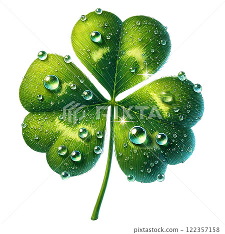 Vivid clover leaf adorned with crystal-clear water droplets. St. Patrick's day clipart cartoon 122357158