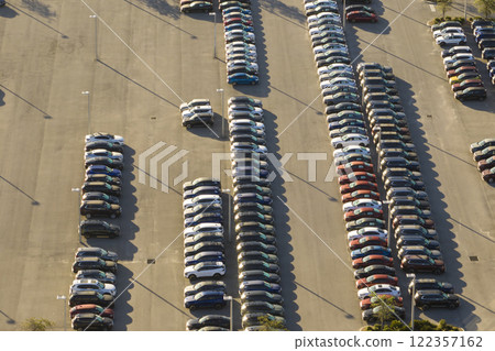 Aerial view of dealership parking lot with many brand new cars for sale. Development of american automotive industry concept Aerial view of dealership parking lot with many brand new cars for sale. Development of american automotive industry concept 122357162