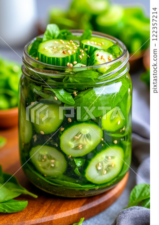 A glass jar filled with sliced cucumbers and spinach on top of a wooden board 122357214