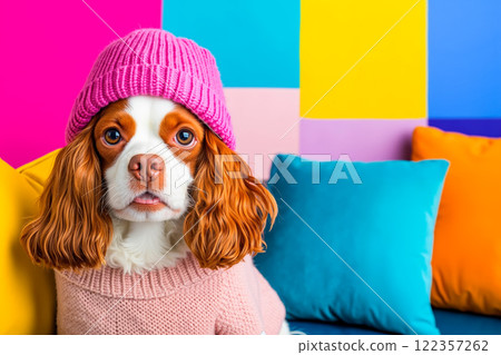 A dog wearing a pink hat sitting on a couch 122357262