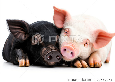 A couple of small pigs laying next to each other on a white surface 122357264