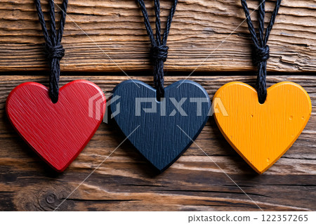 Three wooden hearts hanging from a string on a wooden surface 122357265