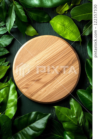 A round wooden cutting board surrounded by green leaves 122357330