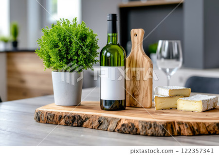 A bottle of wine and cheese on a cutting board on a table 122357341