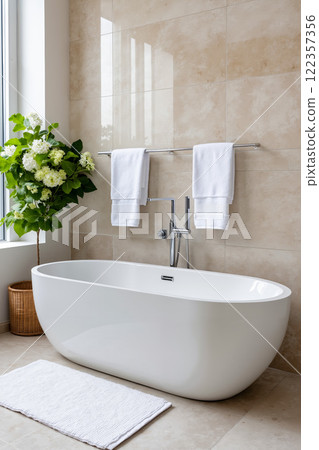 A white bathtub sitting next to a window in a bathroom 122357356