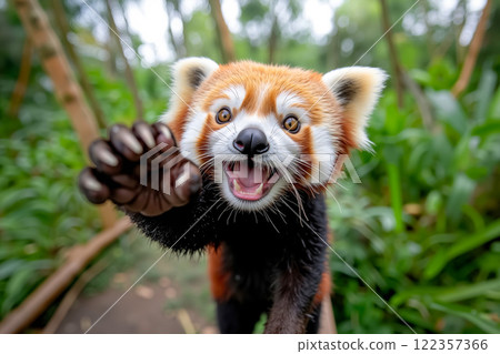 A red panda is standing on its hind legs and waving its paw 122357366