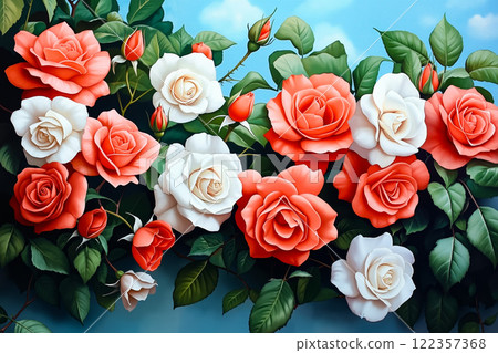 A painting of a bunch of white and orange roses on a blue background A painting of a bunch of white and orange roses on a blue background 122357368