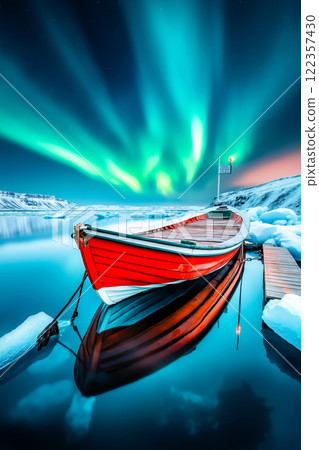 A red boat sitting on top of a body of water next to a dock 122357430