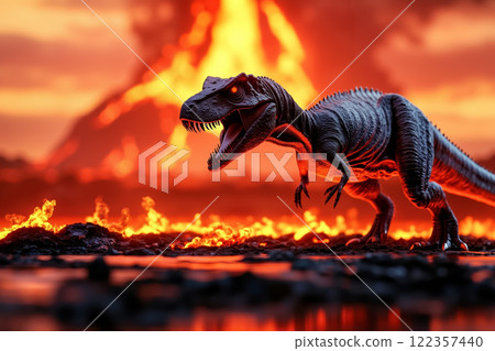 A toy dinosaur standing in front of a lava field 122357440