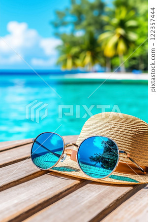 A straw hat and sunglasses sitting on a wooden table by a swimming pool 122357444