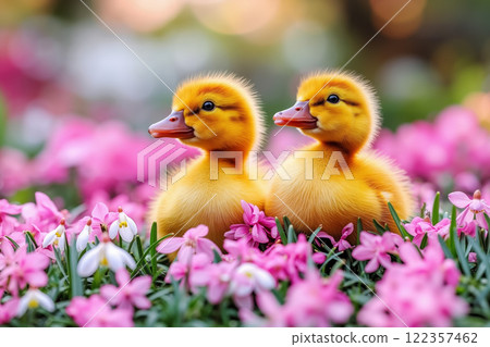 Two ducklings in a field of flowers 122357462