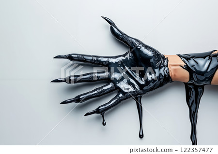 A person's hand covered in black paint on a white surface 122357477