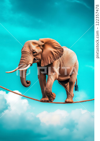 An elephant walking on a tightrope in the sky An elephant walking on a tightrope in the sky 122357478