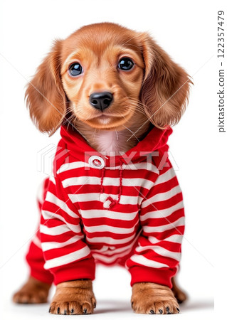 A small dog wearing a red and white striped shirt 122357479