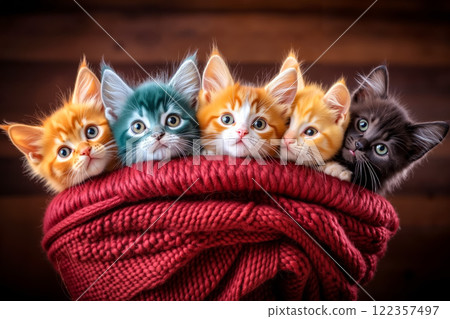 A group of kittens sitting in a red basket A group of kittens sitting in a red basket 122357497
