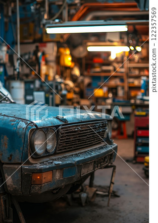 A blue car sitting on top of a lift in a garage 122357569