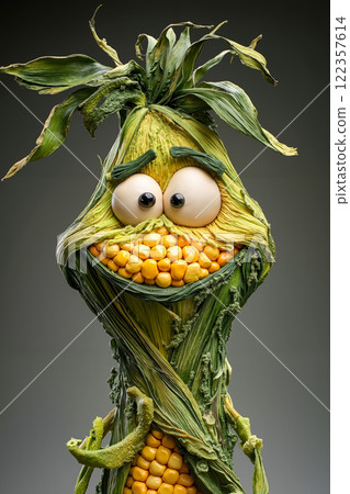 A corn cob with a face made out of corn kernels 122357614