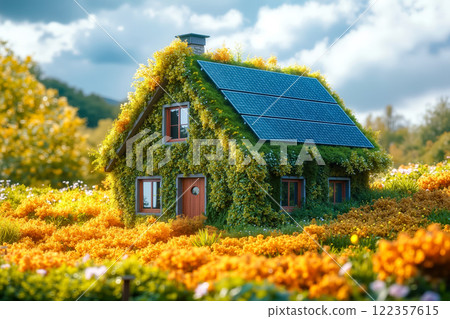 A house with a green roof covered in ivy and solar panels 122357615